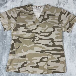 camouflage-print V-neck medical scrub top with pockets Size Small